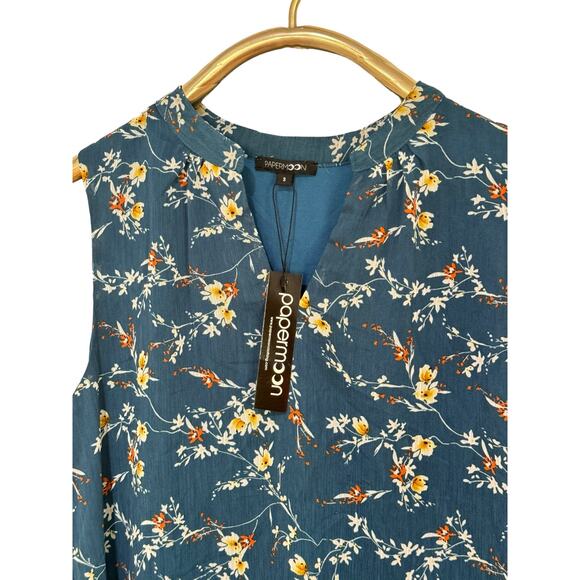 NWT! Papermoon Split Neck Teal Floral Sleeveless Blouse Top S - Picture 2 of 4